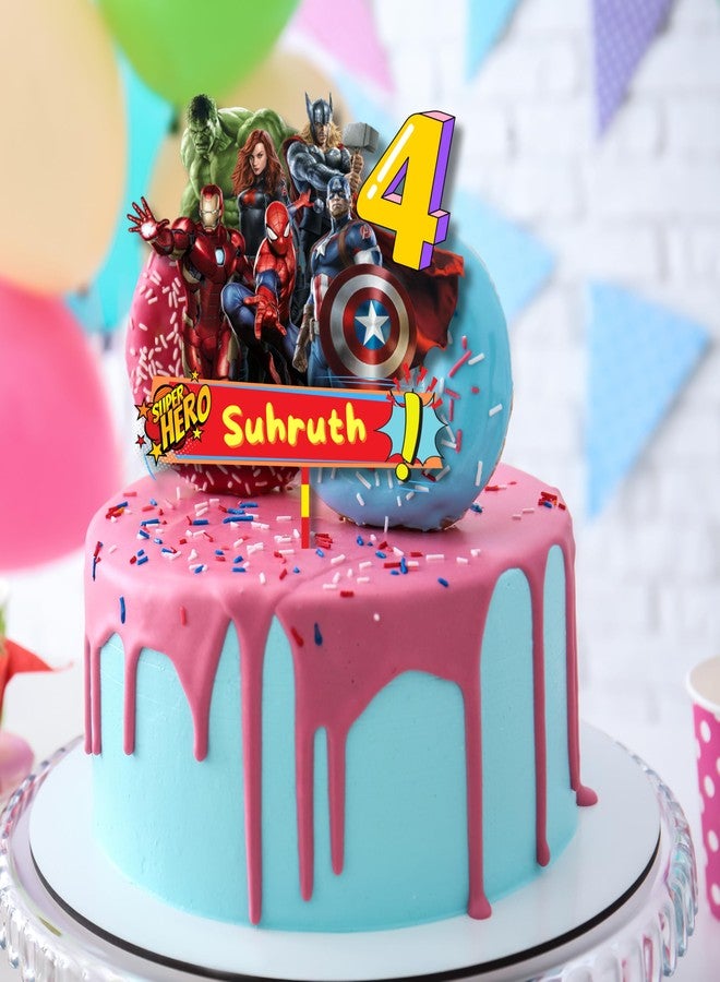 Yellow Nuts Personalised Cake Topper For Birthday Cartoon Superhero Theme Kids Boys Girls 1st Birthday Anniversary Props Cake Decor Decoration (Superhero) - Image 1